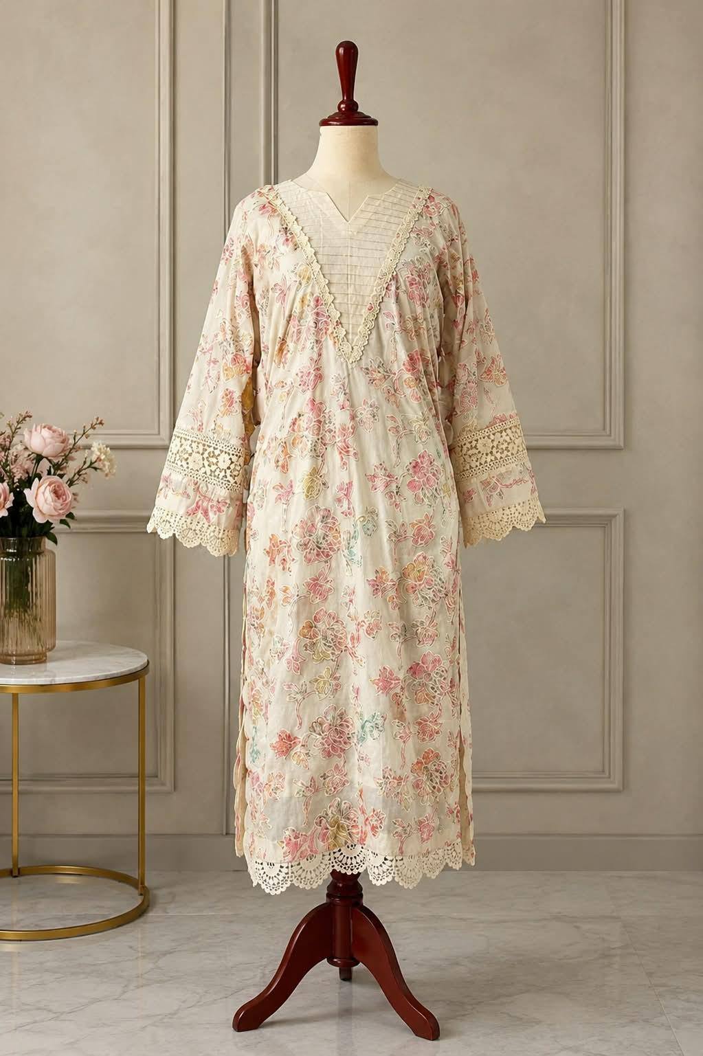 Bareeze floral cream kurta full front look with pintucks and lace neckline stitched by Hashtag Happiness boutique Faisalabad expert tailoring