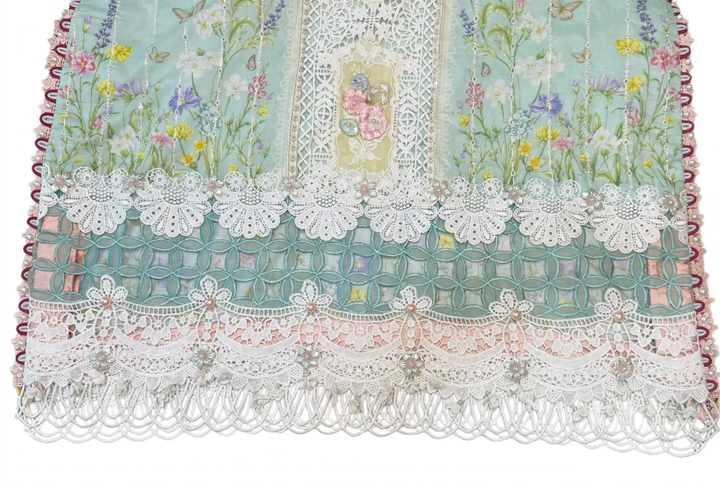 Custom designer daman with handmade organza embroidery motif teal geometric cutwork white floral crochet lace and pearl fringed scallop lace border unique creation by Hashtag Happiness Faisalabad expert karigar for Maria.B shirt