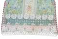 Custom designer daman with handmade organza embroidery motif teal geometric cutwork white floral crochet lace and pearl fringed scallop lace border unique creation by Hashtag Happiness Faisalabad expert karigar for Maria.B shirt