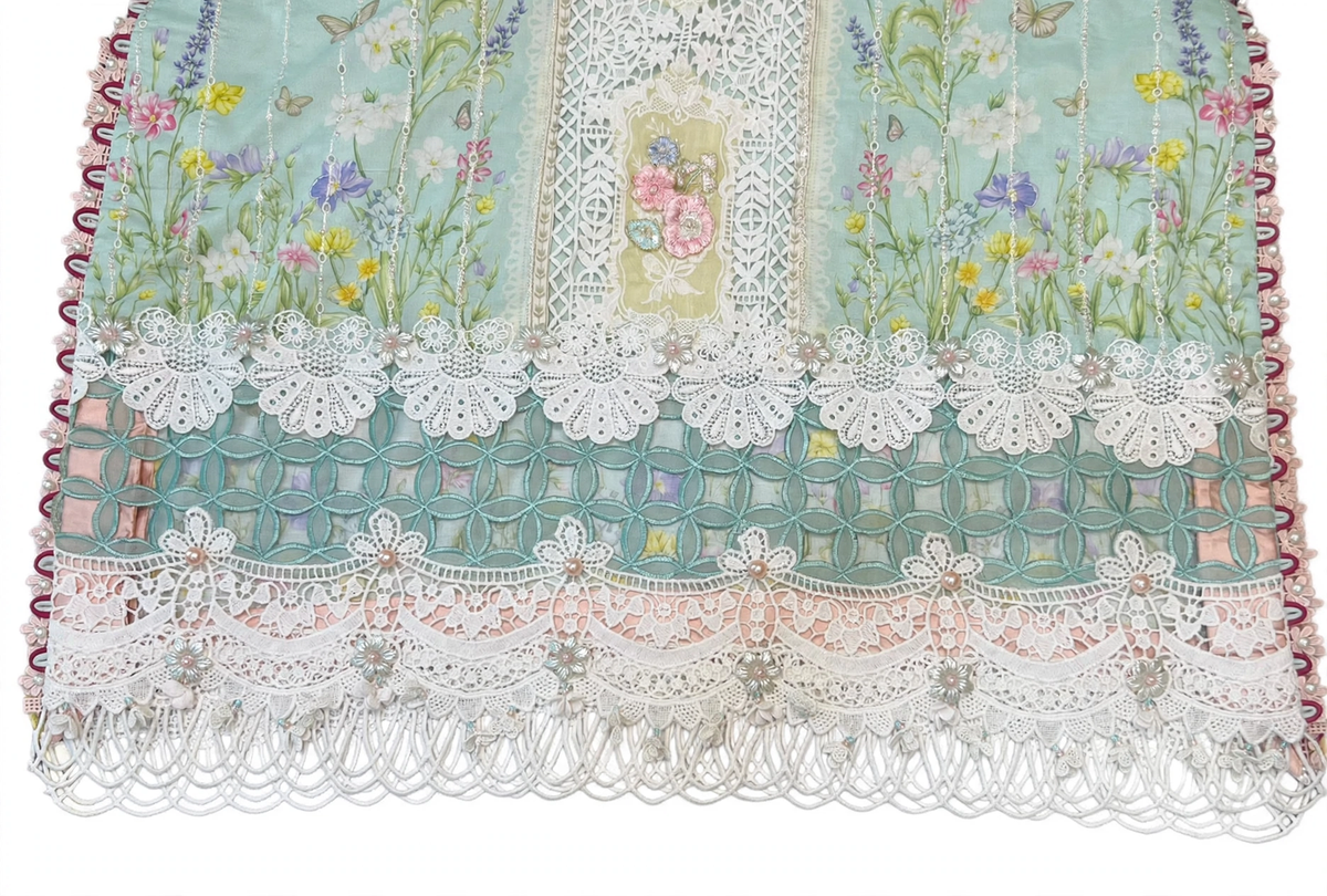 Custom designer daman with handmade organza embroidery motif teal geometric cutwork white floral crochet lace and pearl fringed scallop lace border unique creation by Hashtag Happiness Faisalabad expert karigar for Maria.B shirt