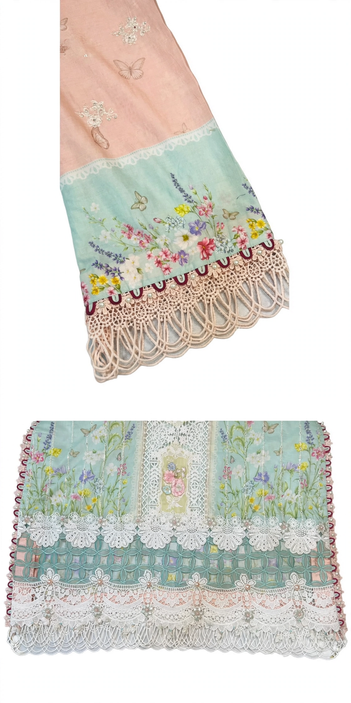 Custom Designer Daman - Handmade Organza Embroidery Motif with Heavy Lace & Pearl Fringes