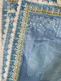 Republic designer dupatta mint floral border with white lace scallop and teal cutwork organza combined with blue embroidered dupatta border with 3 floral patches finely joint with applic and custom fabric loop dori inserted through cutwork holes creating unique designer style by Hashtag Happiness