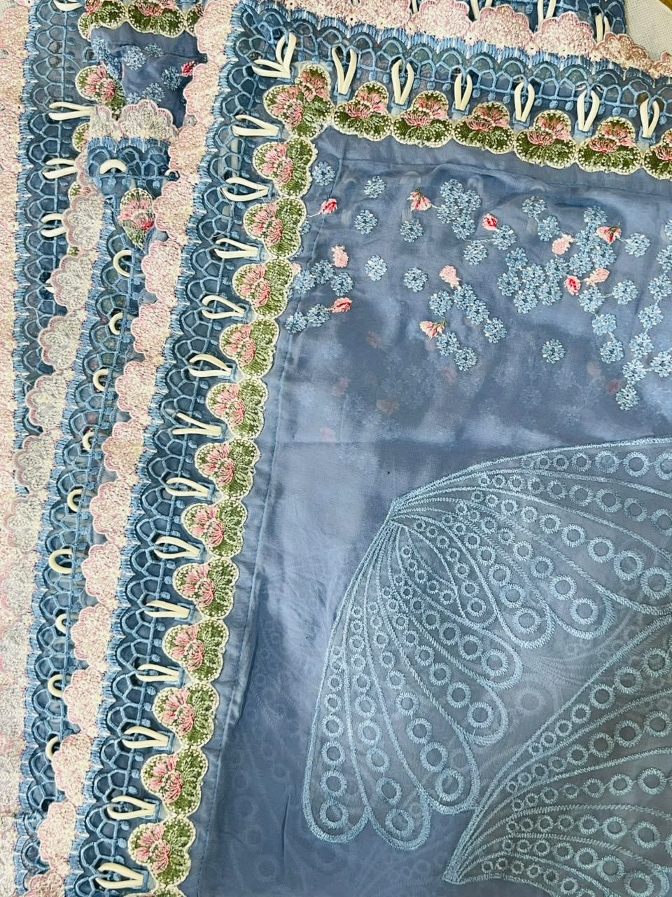 Republic designer dupatta mint floral border with white lace scallop and teal cutwork organza combined with blue embroidered dupatta border with 3 floral patches finely joint with applic and custom fabric loop dori inserted through cutwork holes creating unique designer style by Hashtag Happiness