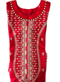 Simple but beautiful red kurta neckline design with off-white embroidery and pearl border and pearl buttons decent look for winter and summer suits stitched by Hashtag Happiness best tailor for boutique bulk orders Faisalabad