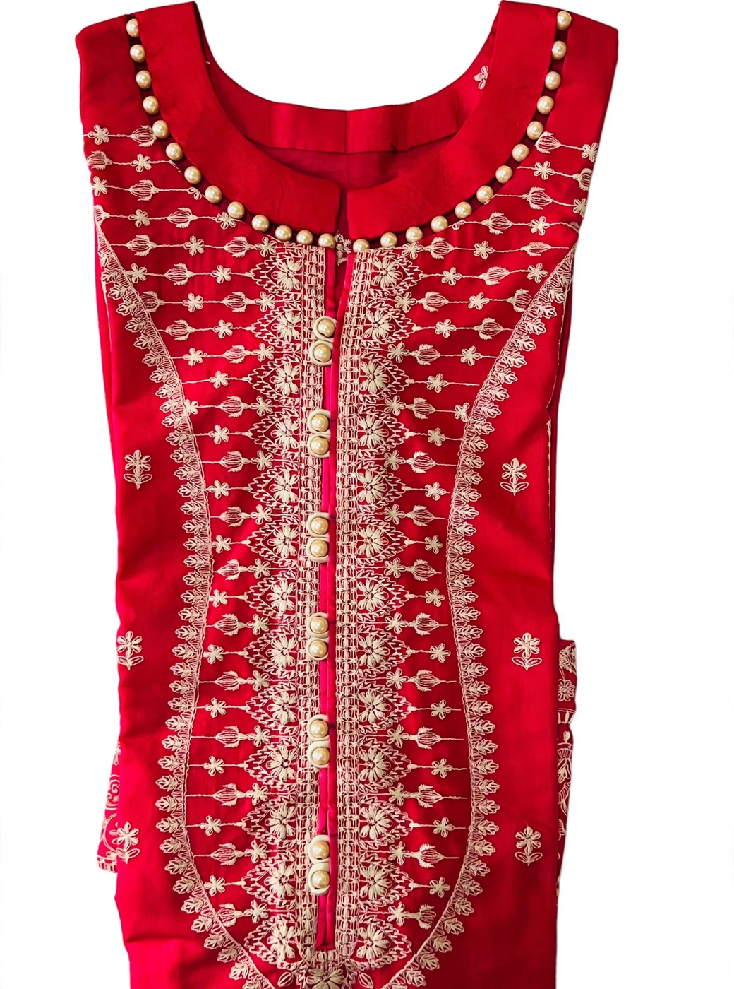 Simple but beautiful red kurta neckline design with off-white embroidery and pearl border and pearl buttons decent look for winter and summer suits stitched by Hashtag Happiness best tailor for boutique bulk orders Faisalabad