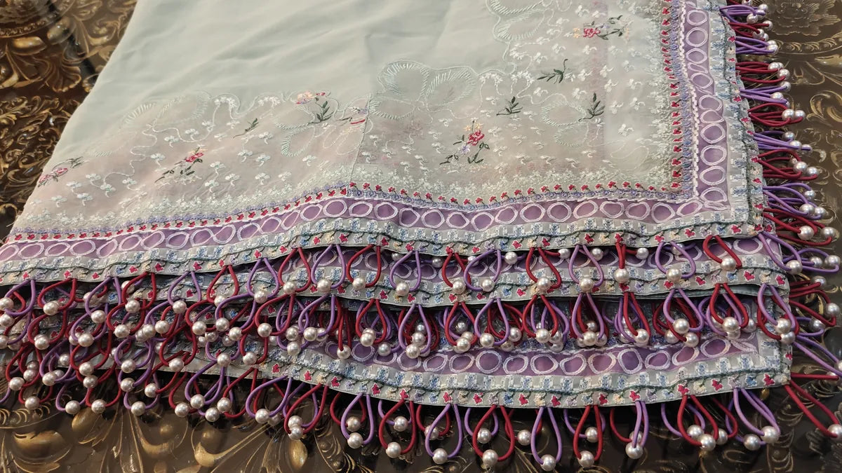 Original viral mint dupatta with purple border and red purple pearl loop dori tassels by Hashtag Happiness Faisalabad
