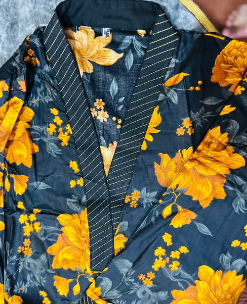 Anchor Thread Neckline Design - Mustard & Black Floral Khaddar - Hashtag Happiness