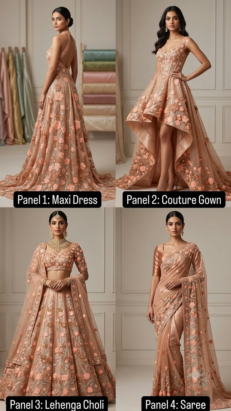 Luxury 3D Embroidered Net Fabric - Peach & Brown Floral with Silver Sequins | Custom Stitching Available