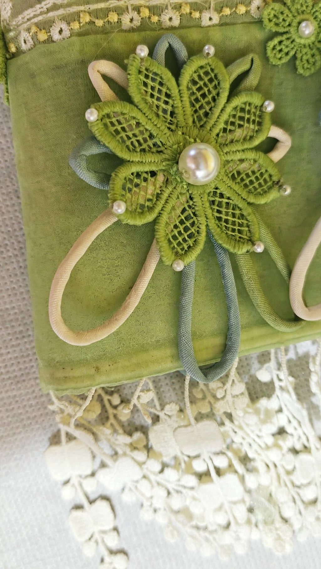 Closeup of handmade crochet flower sleeves embellishment with pearl center and dori loops Suffuse inspired bazu design