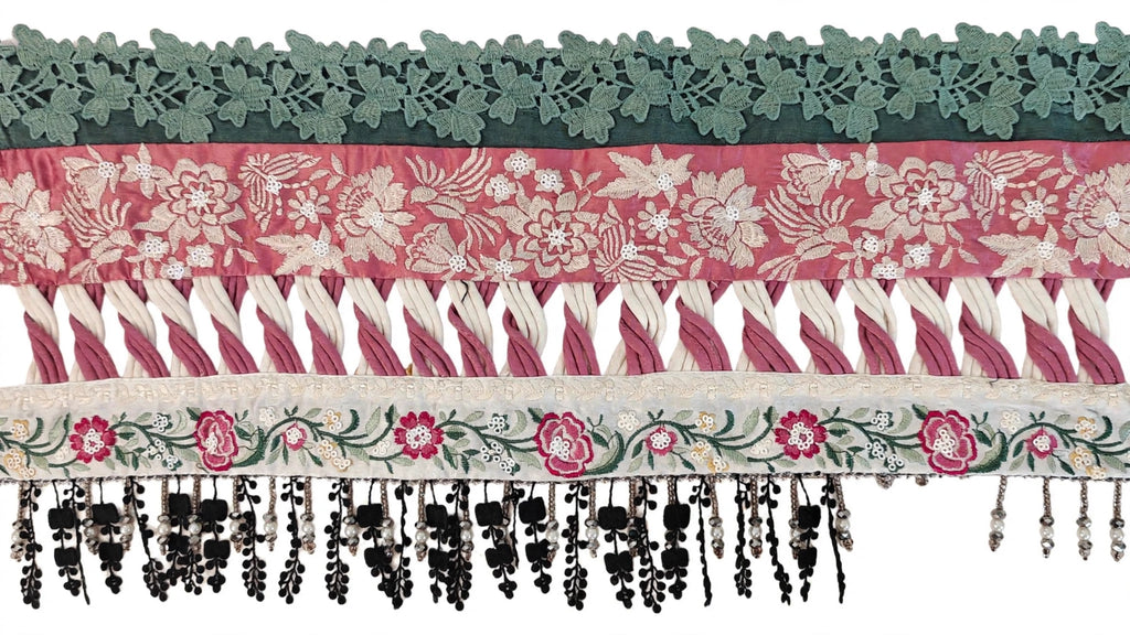 Customized daman design with handmade long twisted dori loop in cream and dusty pink velvet between red and off-white embroidered floral borders with black pearl tassels - Suffuse brand same as model made by Hashtag Happiness expert karigar Faisalabad