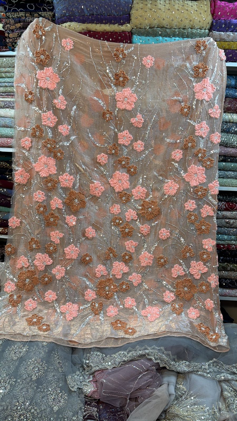 Luxury 3D Embroidered Net Fabric - Peach & Brown Floral with Silver Sequins | Custom Stitching Available