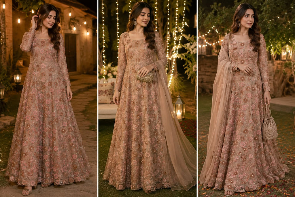 Peach floral embroidered sharara suit with plain net sharara and dupatta for mehndi and wedding - custom stitched same as model