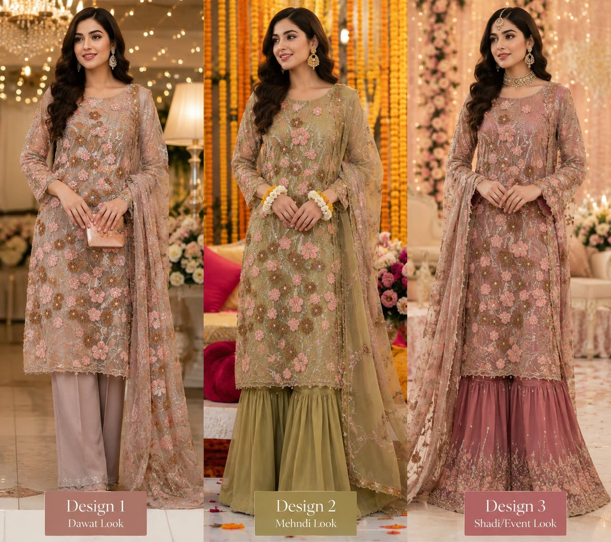 Heavy peach embroidered short shirt with full flair sharara and net dupatta for mehndi event - bespoke stitching