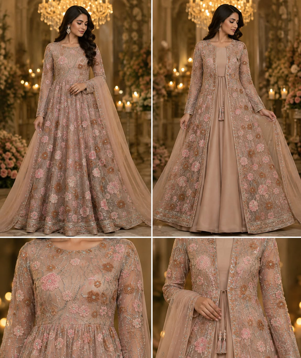 One fabric four designs - maxi dress couture gown lehenga choli and saree stitching ideas from same floral net fabric