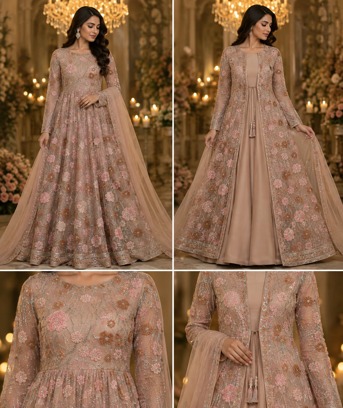 One fabric four designs - maxi dress couture gown lehenga choli and saree stitching ideas from same floral net fabric
