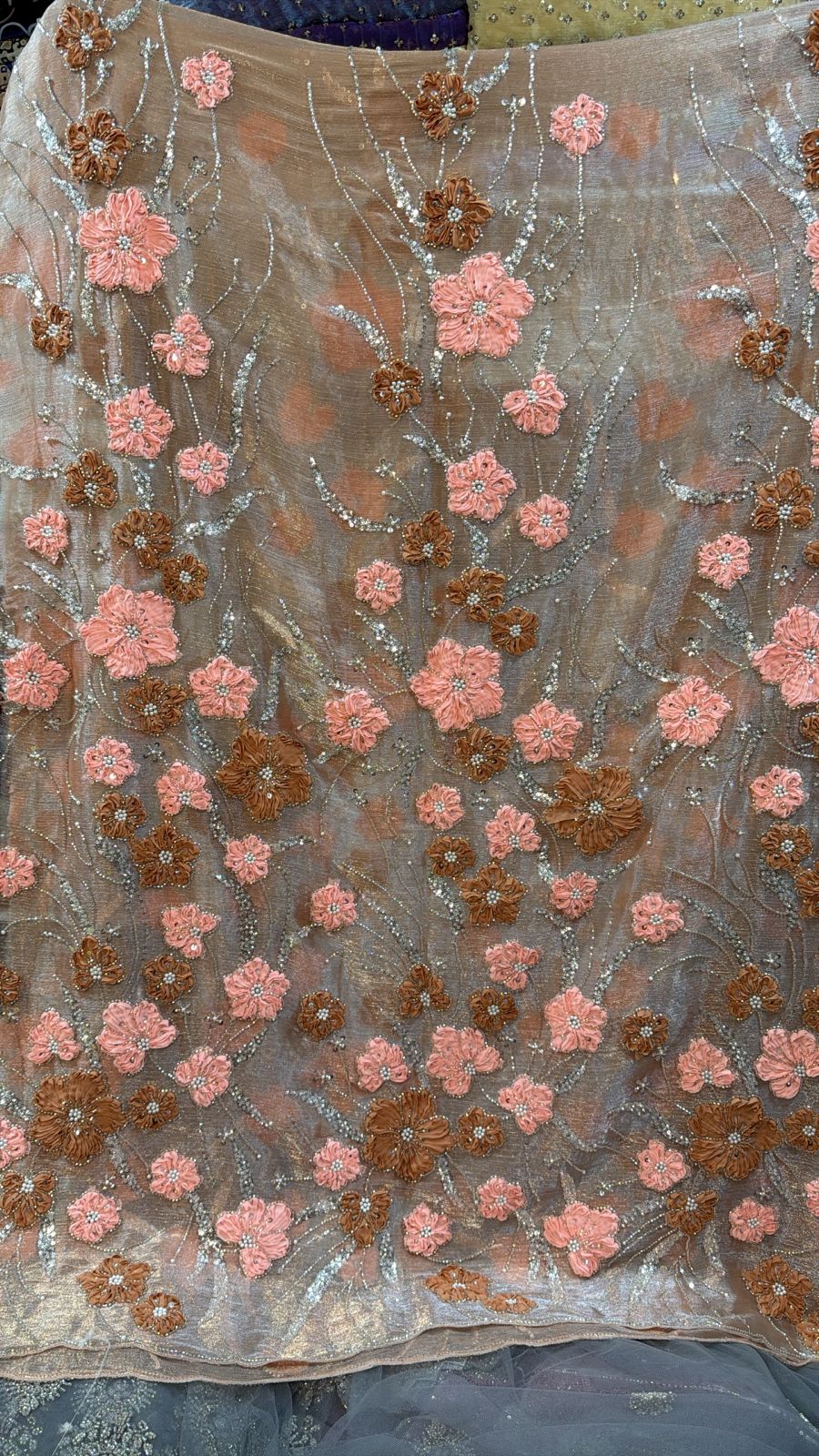 Luxury 3D embroidered net fabric peach pink and brown floral with silver sequin work - original fabric same color happiness experts