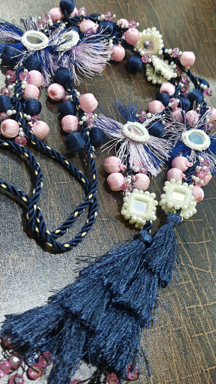 Handmade designer dori for Zaha brand lawn suit navy blue pink potli buttons with mirror work and feather tassels custom made by Hashtag Happiness boutique Faisalabad same as model pic stitching expert tailoring UK USA delivery