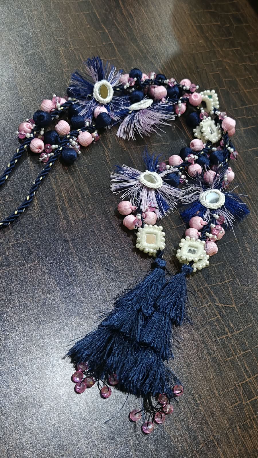 Handmade designer dori for Zaha brand lawn suit navy blue pink potli buttons with mirror work and feather tassels custom made by Hashtag Happiness boutique Faisalabad same as model pic stitching expert tailoring UK USA delivery