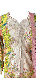 Trending butterfly neckline design with white embroidered butterfly lace motive and white potli buttons on floral printed suit with pink crochet lace - Maria.B hit code custom stitching by Hashtag Happiness Faisalabad