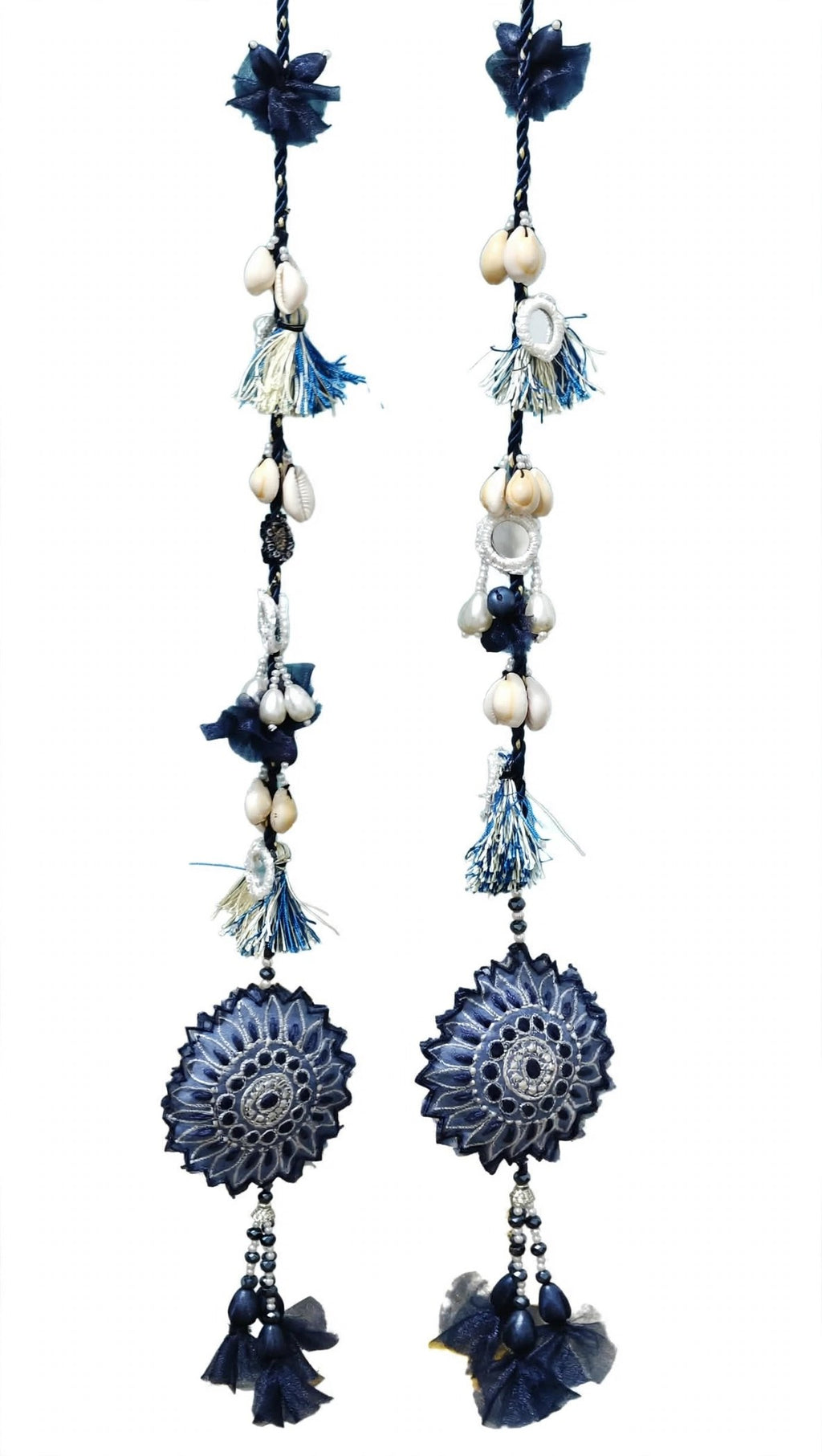 Pair of navy blue handmade dori with cowrie shells mirror work and sunflower tassels for designer neckline by Hashtag Happiness Faisalabad boutique