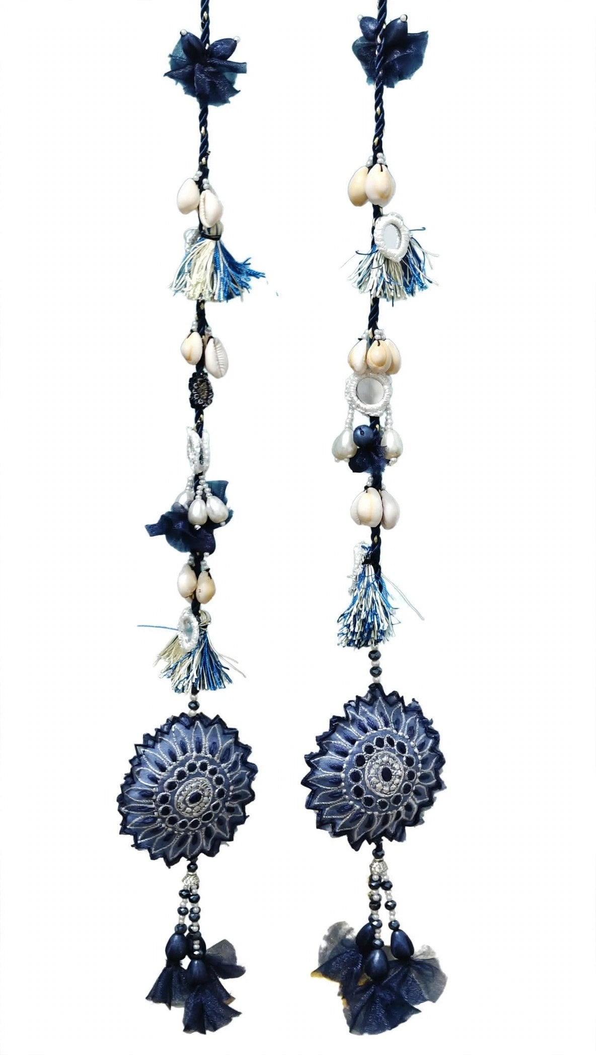 Pair of navy blue handmade dori with cowrie shells mirror work and sunflower tassels for designer neckline by Hashtag Happiness Faisalabad boutique