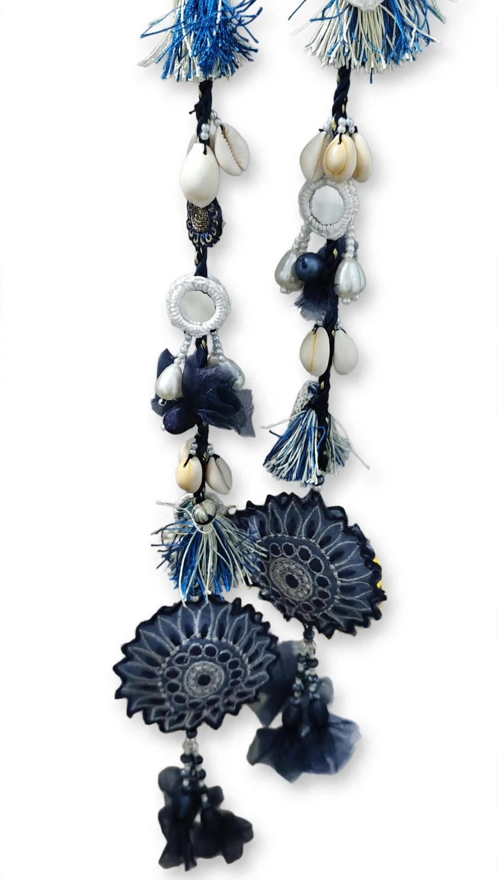 Handmade navy blue designer dori with cowrie shells mirror work blue thread tassels and embroidered sunflower medallion made by Hashtag Happiness accessories unit for brand suit neckline