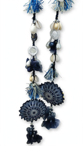Handmade navy blue designer dori with cowrie shells mirror work blue thread tassels and embroidered sunflower medallion made by Hashtag Happiness accessories unit for brand suit neckline