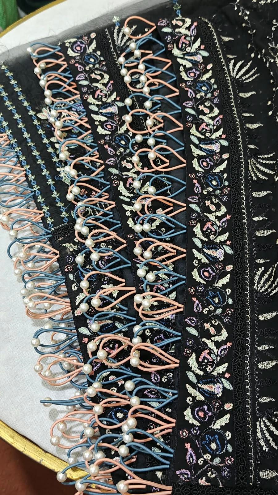 Handmade pearl loop button patti for black formal dress - Hashtag Happiness unique customisation with peach and blue loops
