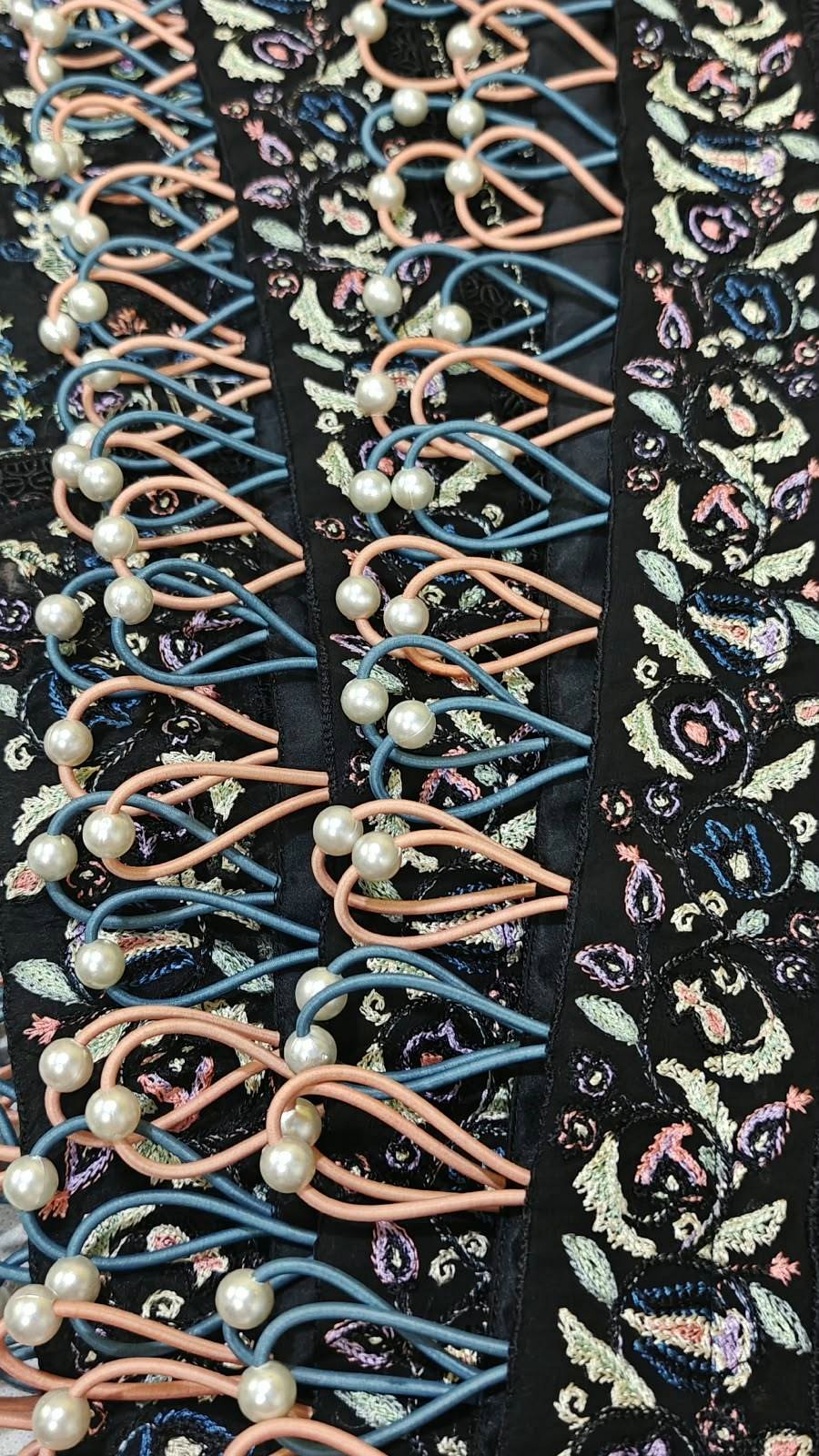 Original pearl button loop lace design by Hashtag Happiness - custom black embroidered dress border with multicolor floral embroidery and dual color elastic loops