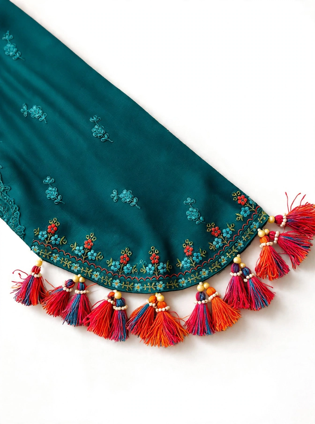 Full sleeves embroidery design with signature Hussain Rehar style beaded border and colorful tassels with wooden beads handmade accessories