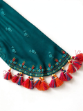 Full sleeves embroidery design with signature Hussain Rehar style beaded border and colorful tassels with wooden beads handmade accessories