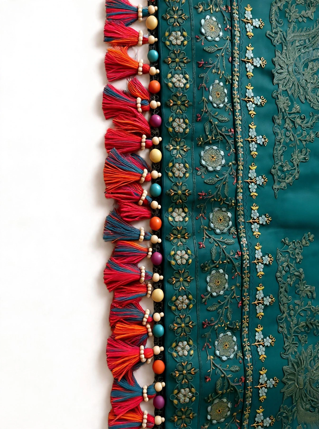 Sleeves and daman design inspired by Hussain Rehar teal green embroidered border with red orange blue handmade tassels and pearl beads by Hashtag Happiness Faisalabad
