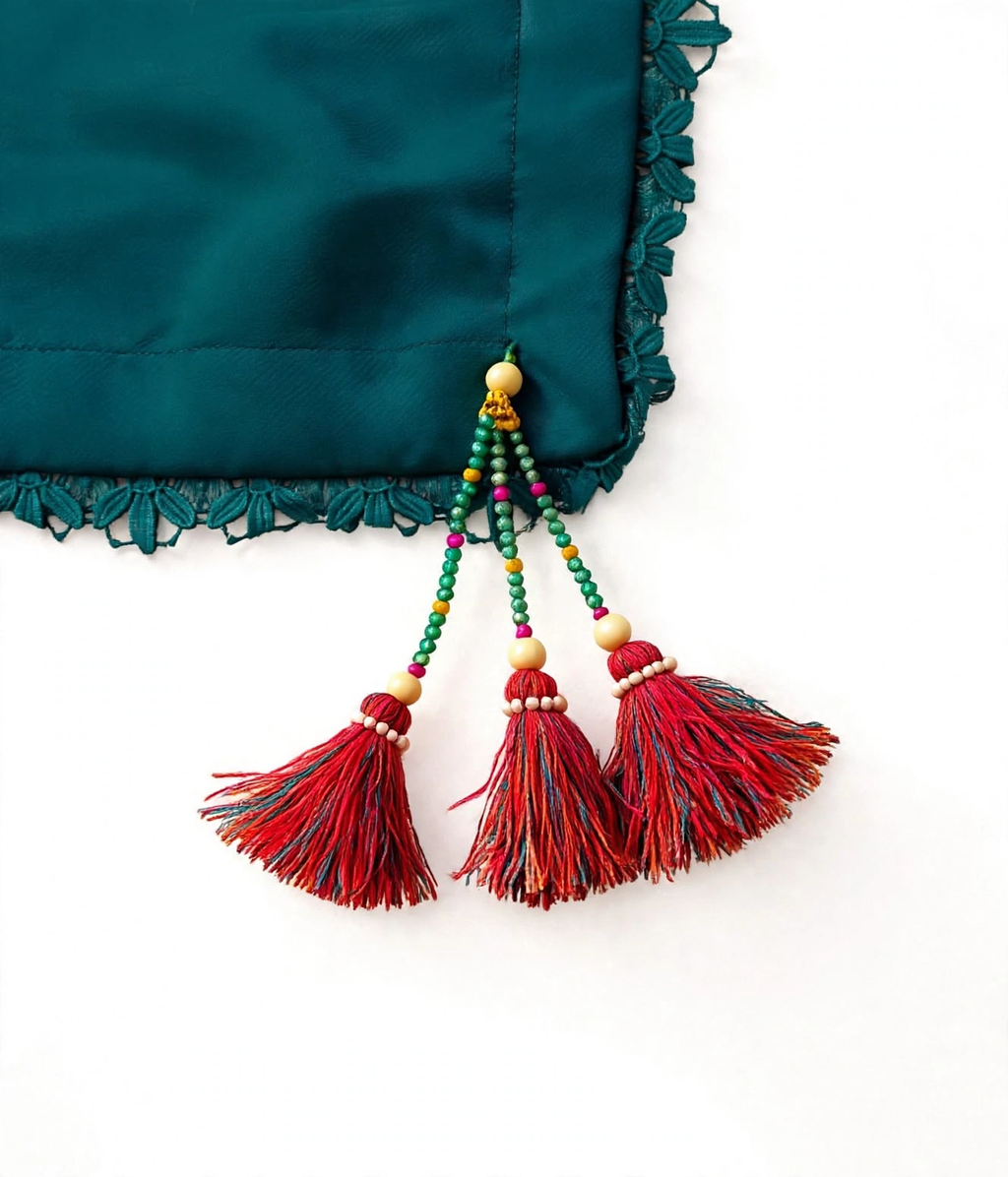 Dupatta shawl 4 corner design with triple red handmade tassels and green beaded strings and crochet lace inspired by Hussain Rehar stitched by Hashtag Happiness