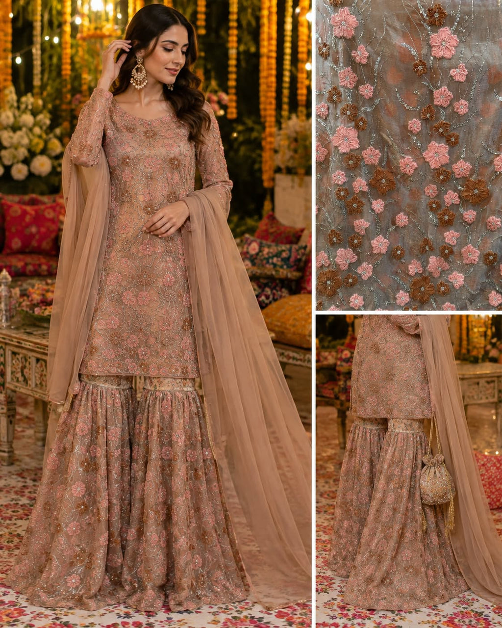 Luxury 3D Embroidered Net Fabric - Peach & Brown Floral with Silver Sequins | Custom Stitching Available