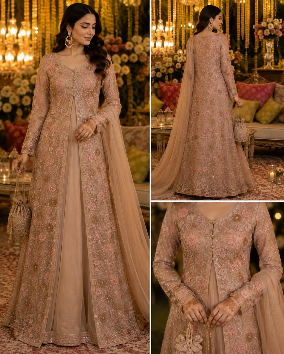 Model wearing peach floral 3D embroidered maxi dress with net dupatta - stitching inspiration by happiness experts