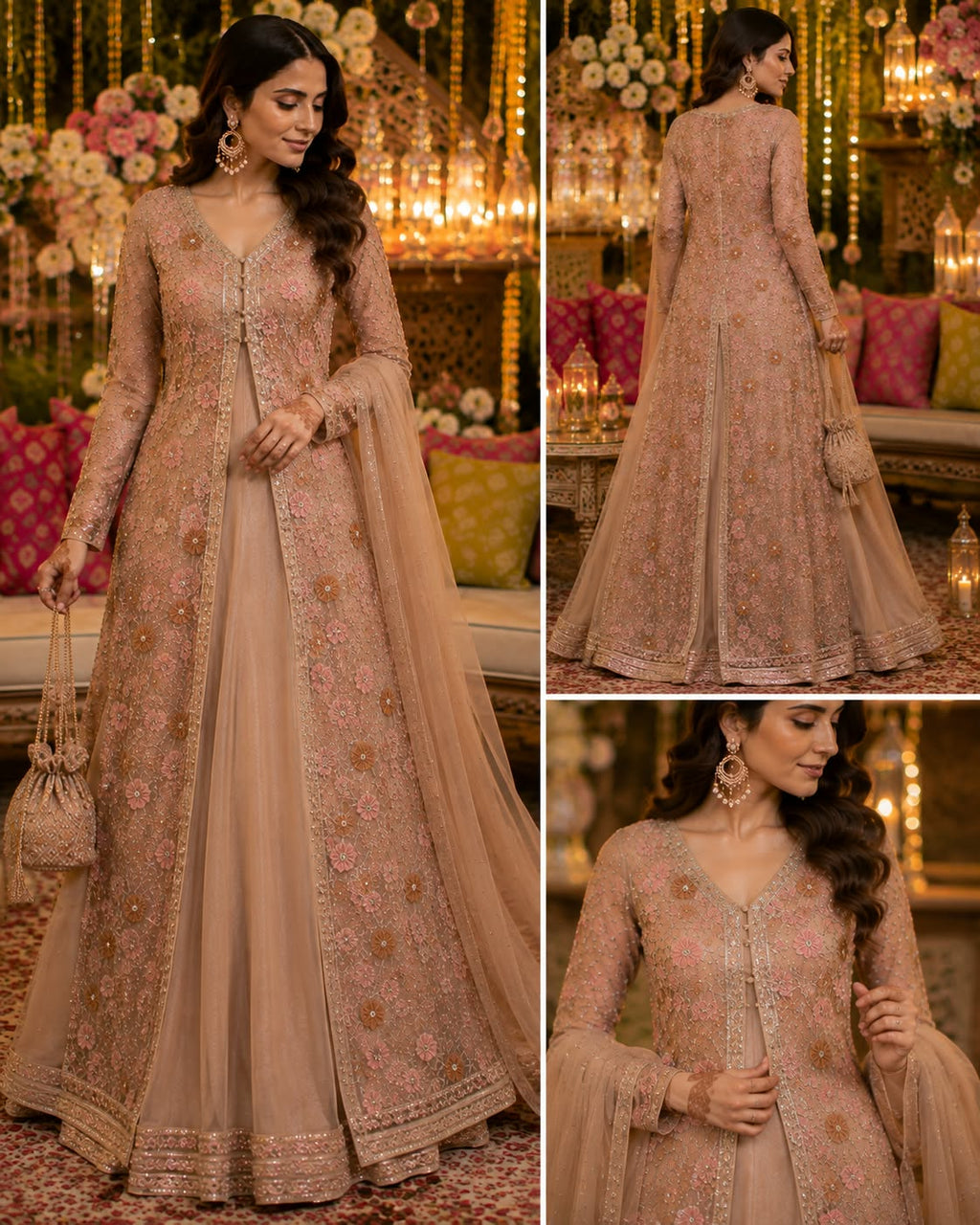Model wearing peach floral 3D embroidered maxi dress with net dupatta - stitching inspiration by happiness experts