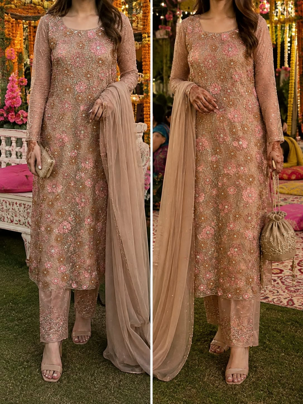 Real client wearing long peach 3D floral embroidered shirt with trouser and dupatta at dawat