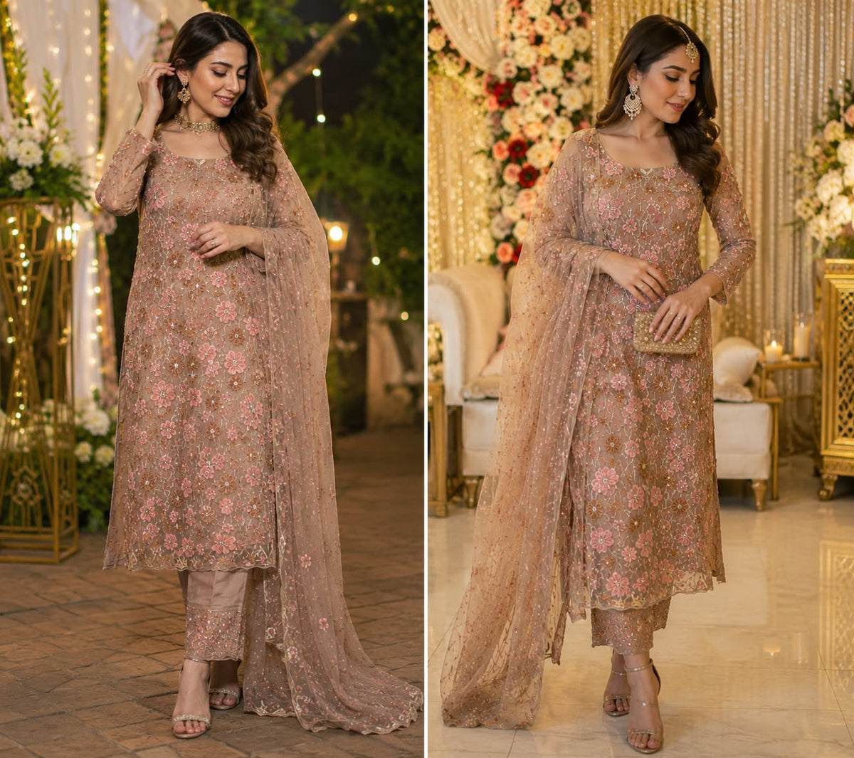 Real client wearing long peach 3D floral embroidered shirt with trouser and dupatta at dawat