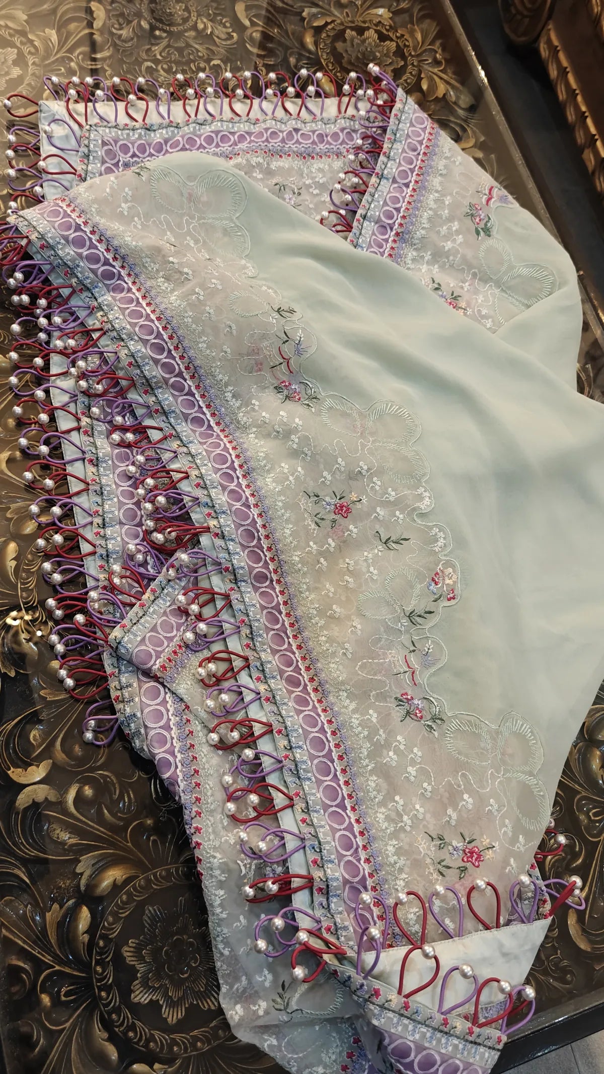 Viral Hashtag Happiness dupatta design full view with handmade pearl loops