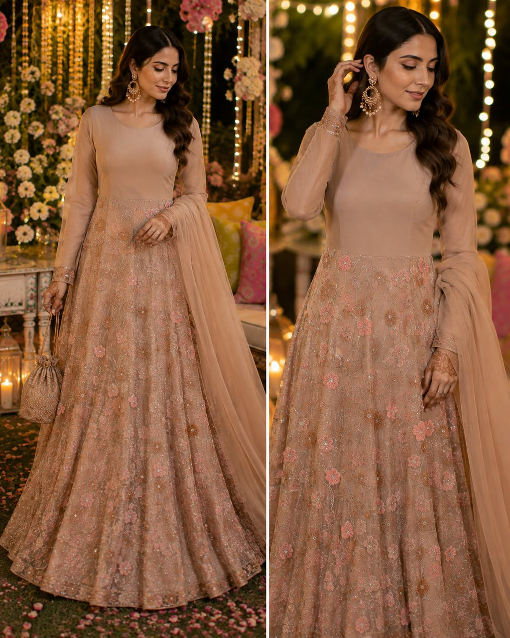 One fabric four designs - maxi dress couture gown lehenga choli and saree stitching ideas from same floral net fabric