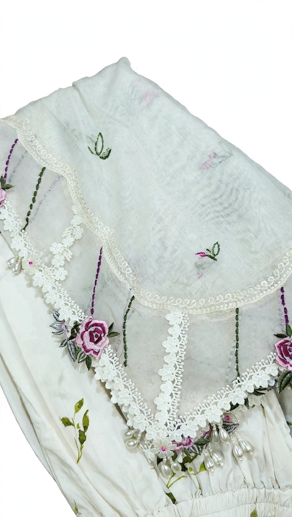 Full view of boutique style dupatta with organza thread work and milky lace 4 side border stitched by Hashtag Happiness expert designers