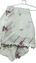 Designer organza dupatta with 4 side milky white crochet lace border embroidered pink rose flowers white daisy with pearl drops handmade tassels by Hashtag Happiness Faisalabad boutique stitching