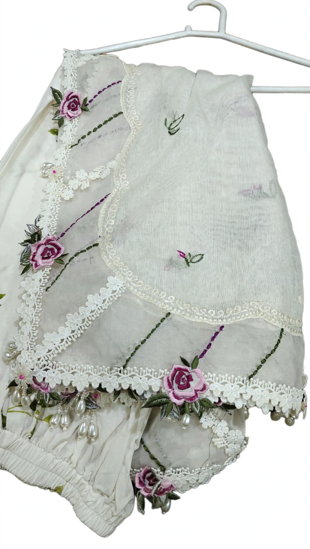 Designer organza dupatta with 4 side milky white crochet lace border embroidered pink rose flowers white daisy with pearl drops handmade tassels by Hashtag Happiness Faisalabad boutique stitching