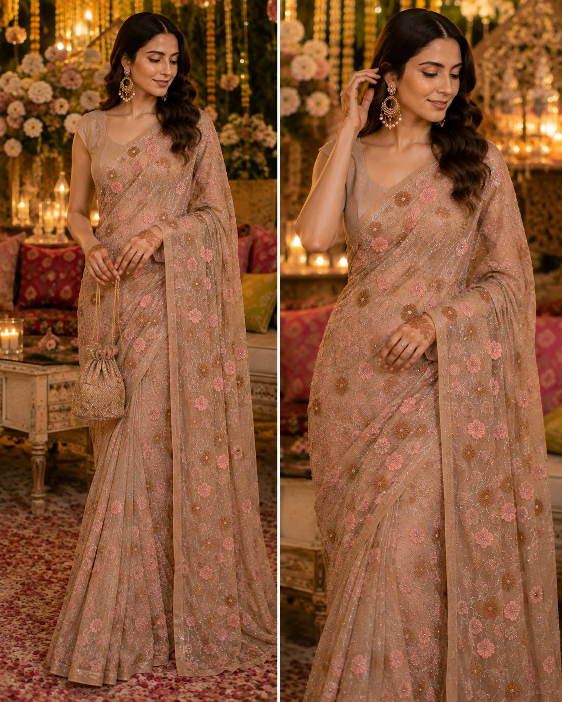 Luxury 3D embroidered net fabric peach pink and brown floral with silver sequin work saree - original fabric same color happiness experts