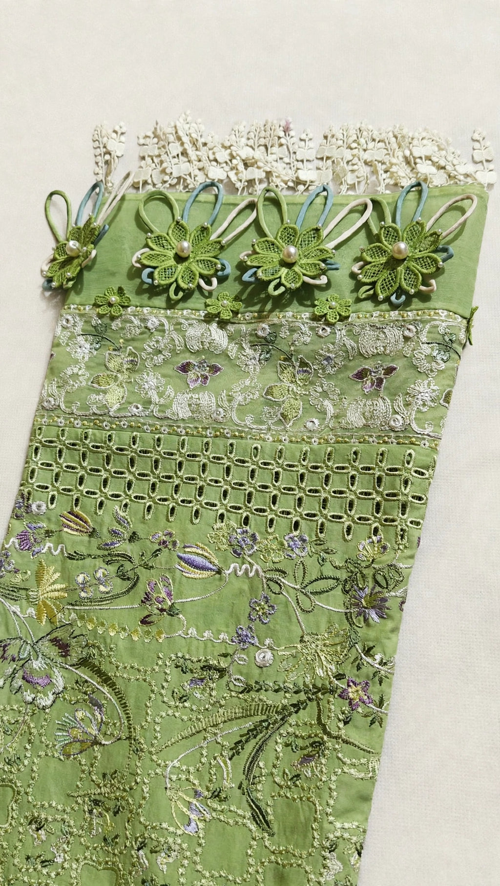 Suffuse inspired green organza sleeves with handmade crochet flowers pearl loops and white crochet lace by Hashtag Happiness
