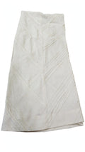 Customized off-white trouser design with V-shape pintex pleats chevron pattern and white crochet lace insertion stitched by Hashtag Happiness Faisalabad boutique tailoring